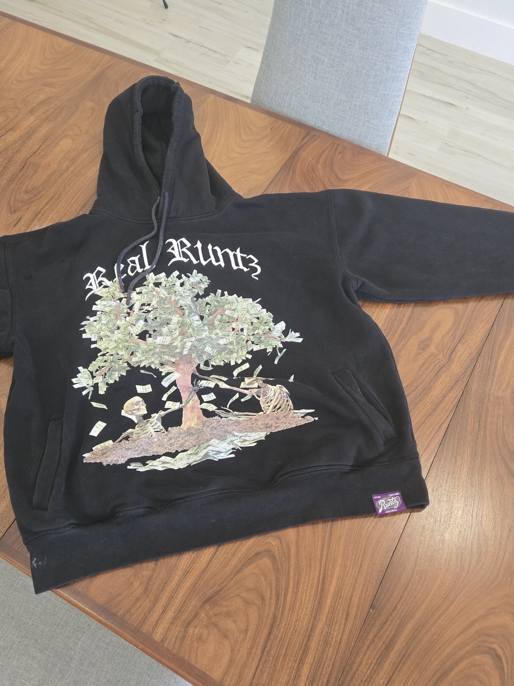 Black Graphic Pullover Hoodie with Tree & Skeleton Motif